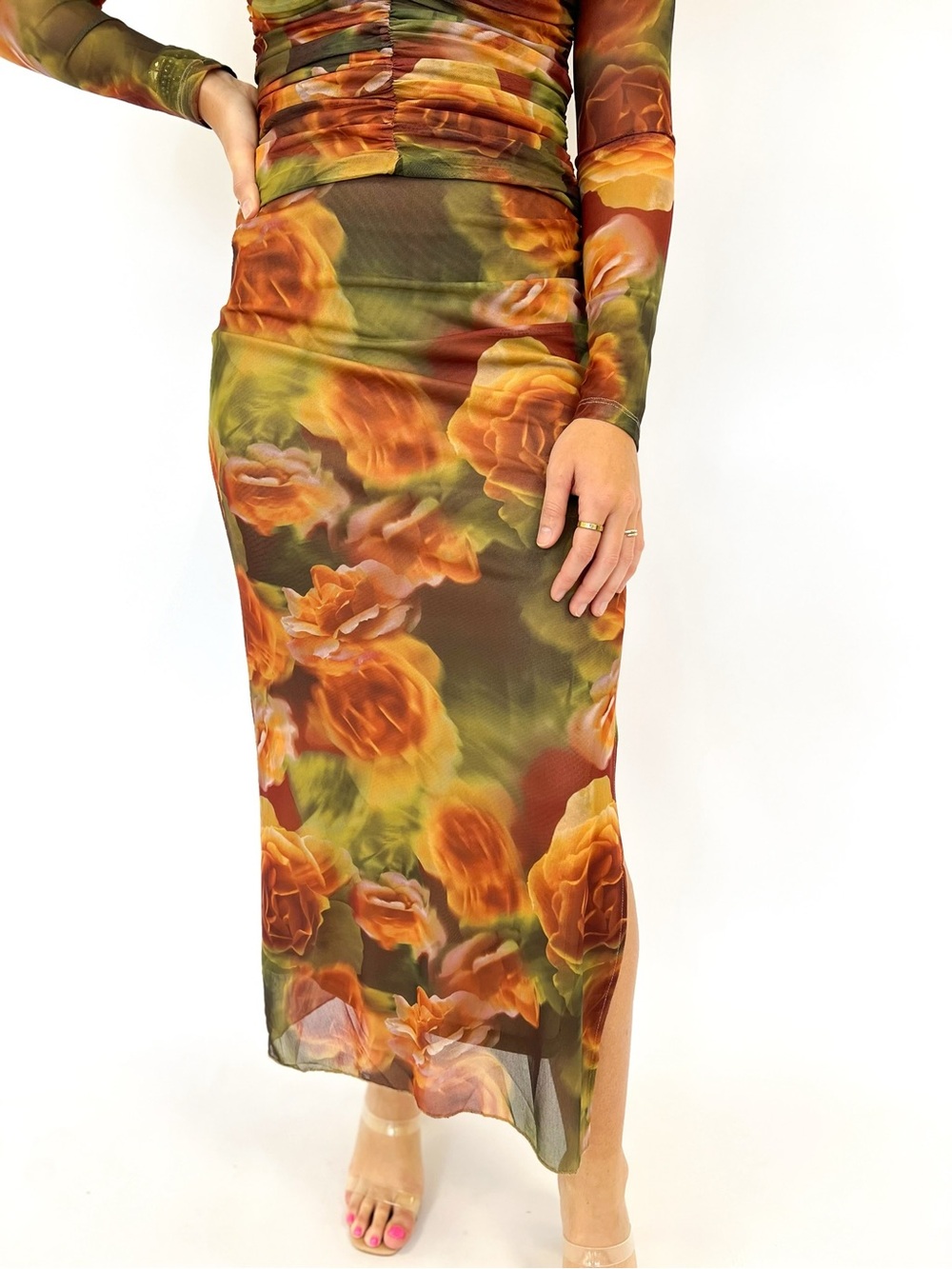 Sage Floral Mesh Maxi Skirt in Olive and Rust Tones